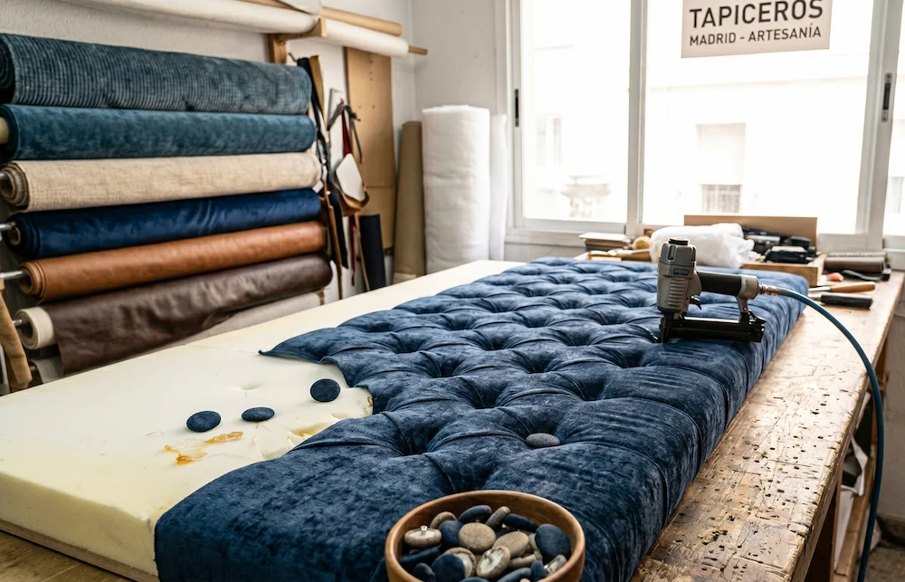 Un cabecero de cama de capitoné azul a medio fabricar sobre la mesa de un taller de tapicería profesional en Madrid.