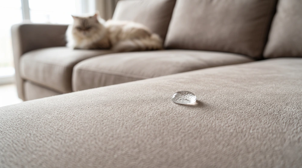 Demostración de resistencia de tela antiarañazos y líquidos en un sofá moderno ideal para gatos y perros.