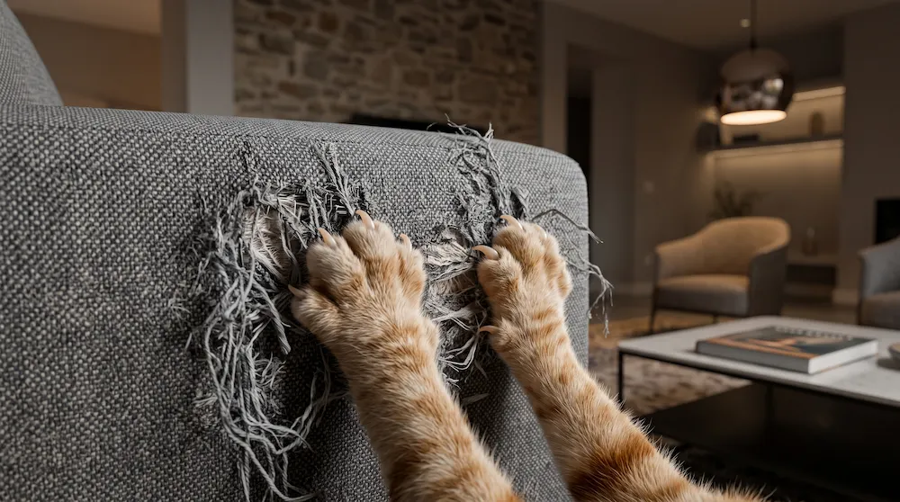 Un gato doméstico arañando y destrozando el lateral de un sofá de tela común, sacando hilos y rompiendo el tapizado.