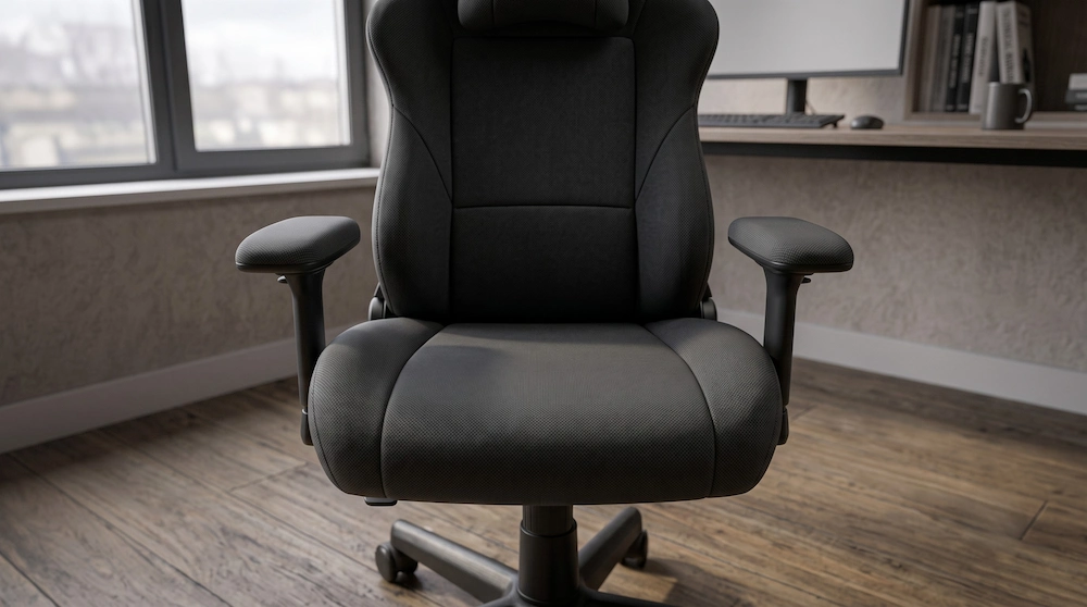Una silla ergonómica de alta gama tapizada con tela técnica transpirable de color gris oscuro en un despacho moderno.