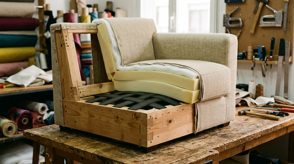 Corte de un sofá mostrando armazón de madera, cinchas, espuma y tapizado